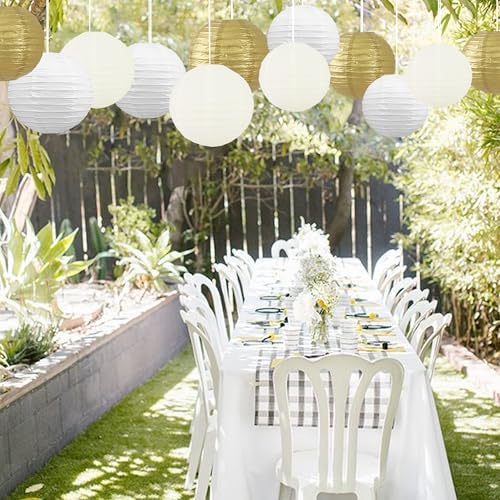 BEISHIDA Gold White Paper Lanterns 12Pcs 6/8/10/12 Inch Round Chinese Lamp