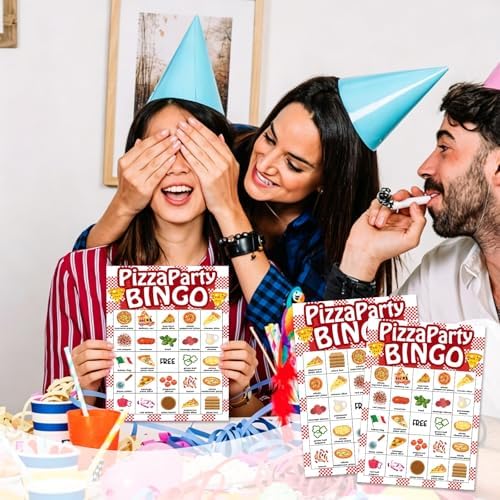 Pizza Bingo Games for Partys, 24 Players Pizza Party Time Bingo Cards, Fun Birthday Party Game for Family, Large Group Holiday Party Activities Supplies