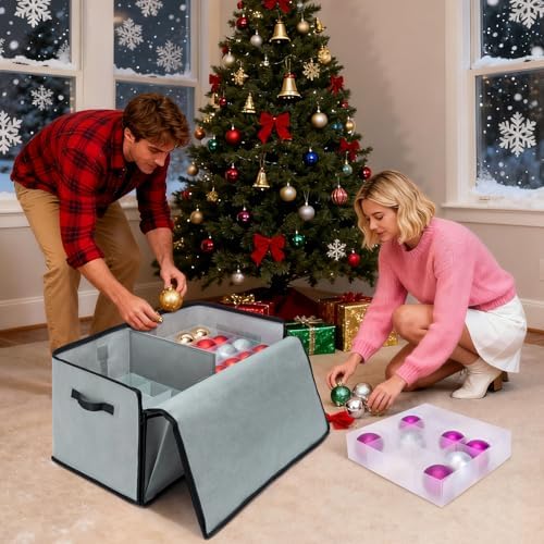 BALEINE Christmas Ornament Storage Box with Dividers, Premium Holiday Ornaments Storage Container Bin for Xmas Decorations (128 Ball, Green, Soft)