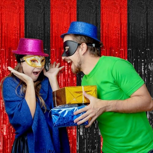 2 Pack Black and Red Backdrop Party Decorations Tinsel Curtain Halloween Party Streamer Foil Fringe Birthday Decorations Photo Booth Fancy Ball Christmas New Year Graduation Party Decor Decor