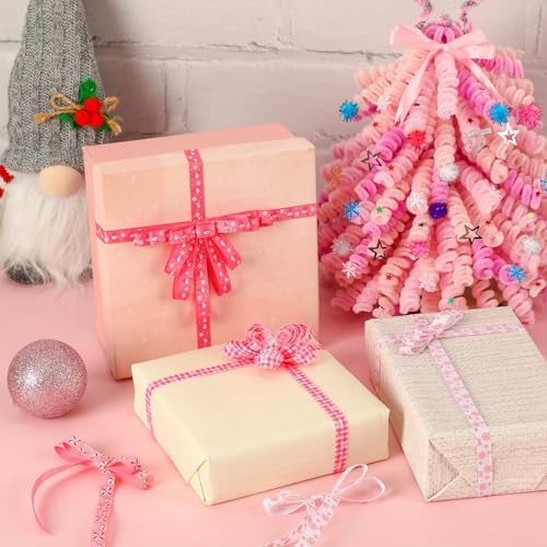 DECYOOL Pink Christmas Ribbon 6 Rolls 60Yds Holiday Xmas Grosgrain Ribbons