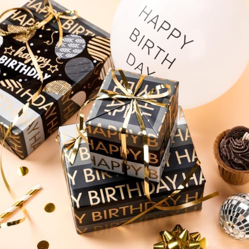 RUSPEPA Reversible Birthday Wrapping Paper Roll, Mini Roll, Black Gold Foil Happy Birthday Balloon & Stripe Text Design Gift Wrap Paper for Men, Boy, Adults, Party Celebration, 17.5 Inches x 9.8 Feet