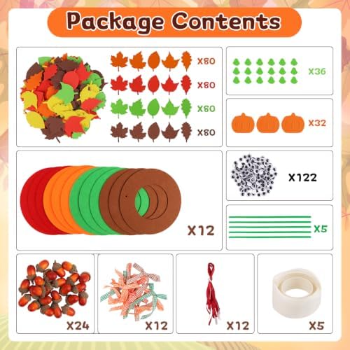 DIYASY 12 Set Pumpkin Wreath Craft Kits for Kids, DIY Fall Leaf Wreath