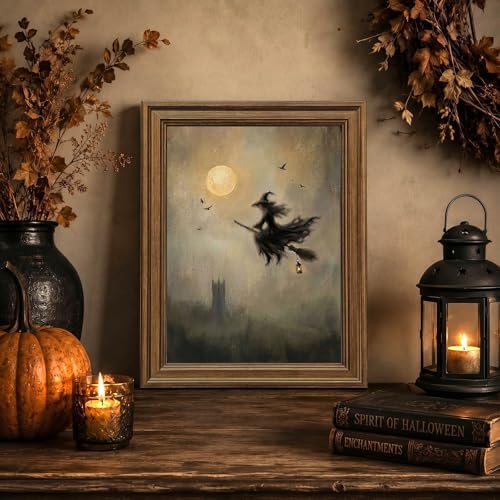Wemandh Vintage Halloween Wall Art, Gold Framed Flying Witch on Broom Canvas Print, Spooky Full Moon Castle Picture, Dark Academia Goth Room Decor for Home (9.5'' x 12'')