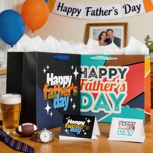 Bobobag 16" Large Gift Bag,Happy Fathers Day Gift Bag with Tissue Paper and Handles and Greeting Card for Man,Dad