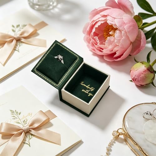 Book Shaped Ring Box - Vintage Engagement Ring Box with Hinged Lid for Proposal Engagement Wedding, Proposal Ring Case -PRB012-Dark Green