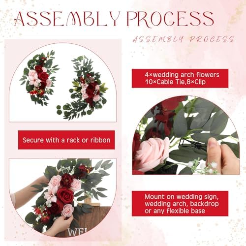 Hotop Wedding Arch Flowers Set of 4 Artificial Faux Floral Swag, Rose Red