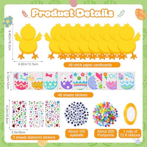 Funrous 48 Sets Crafts Kit Paper Crafts DIY Make Your Own Hanging Ornaments with Pompoms Diamond Stickers for Holiday Classroom Activities Party Favors, Easter Chick