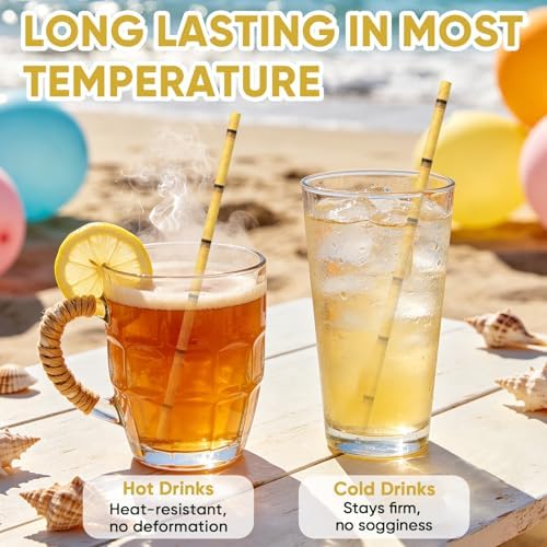 100 Count Yellow Bamboo Print Eco-friendly Paper Straws – 7.75 inch Disposable Straws for Drinking, Cocktails, Smoothie, Crafts, Picnics, Decorations