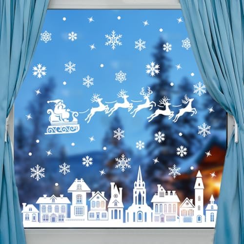 Christmas Window Clings White Silhouette Christmas Window Stickers, Reusable Static Santa Sleigh Reindeer Holiday Decals, Winter Wonderland Village Street Scene for Glass Windows Home Decor