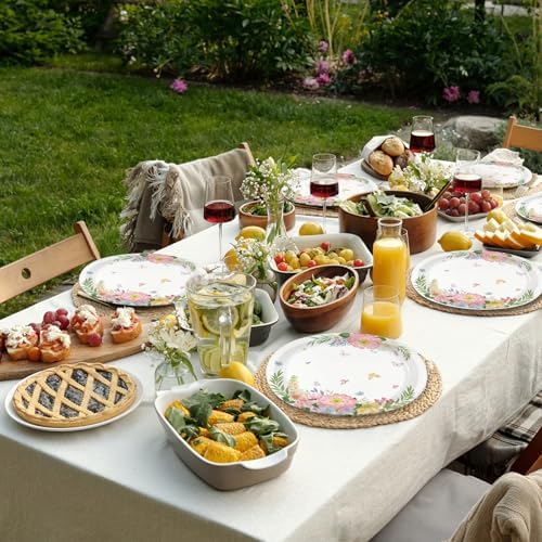 40 Count Floral Oval Paper Plates 10" x 12.5" Large Disposable Flower Platters Heavy Duty Party Tableware for Bridal Baby Showers Tea Party