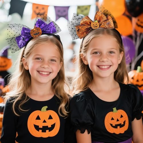 Halloween Headbands with Pumpkin and Spider Web, 2 Pack Orange and Purple Headband with Big Bow, Hairbands Hair Hoop Halloween Spooky Hair Accessories for Women Girls Kids