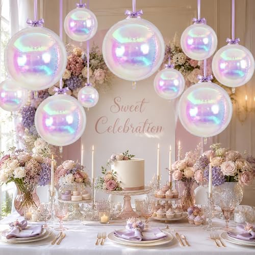12Pcs Iridescent Round Foil Balloons, 4D Holographic Clear Ball Balloons