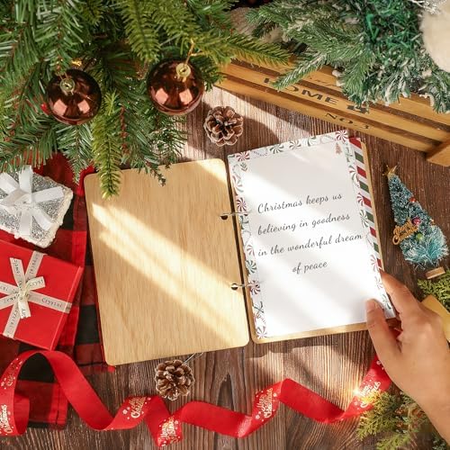 Wooden Christmas Card Organizer Merry Christmas Greeting Card Holder Xmas Holiday Post Cards Keeper Wood Memories Book or Binder for Storage Keepsake Album Photo Notes Gift Winter Past