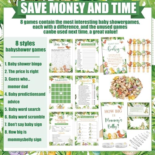 Funnymoom 426 Pcs Dinosaur Baby Shower Games Set, 8 Activities Bingo