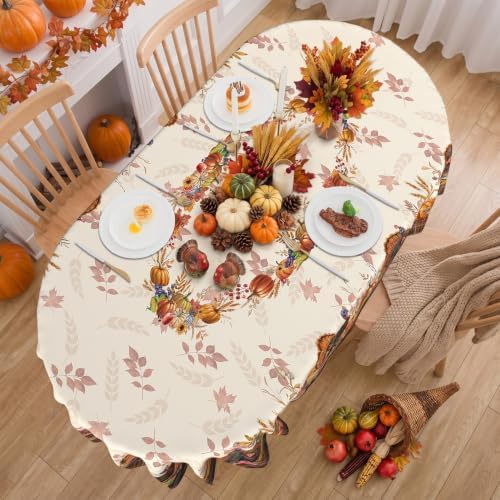 Thanksgiving Tablecloth Oval 52x70 Inch, Stain Resistant Machine Washable Fabric Polyester Turkey Harvest Table Cloth Oval Thanksgiving Tablecloth Table Cover for Kitchen Dining Party