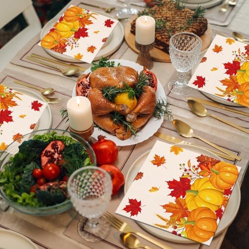 50 Count Fall Pumpkin Maple Leaf Paper Napkins, Disposable Autumn Harvest Party Napkins for Thanksgiving Day Dinner, Friendsgiving Feast, Cozy Fall Birthday Gatherings, Maple-Themed Table Decorations