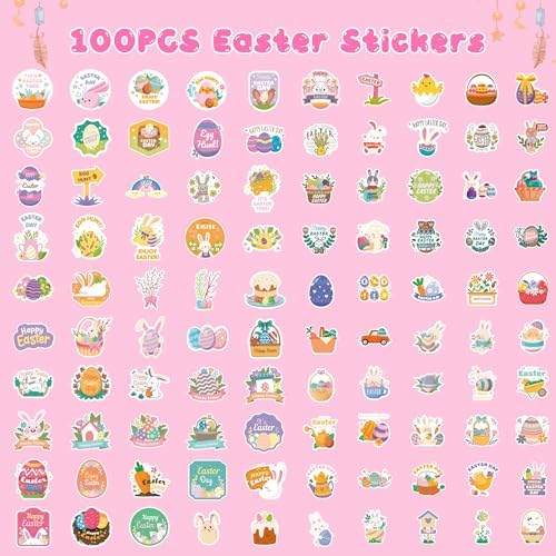 Easter Egg Stuffers - 100 PCS Happy Egg Bunny Stickers for Kids - Vinyl Easter Games Crafts Activities Party Favors - Basket Stuffers for Toddler - Kids Gifts for Boys Girls