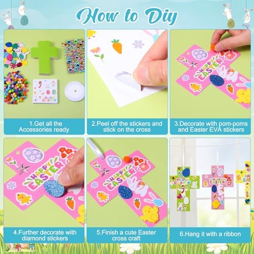 Funrous 48 Sets Crafts Kit Paper Crafts DIY Make Your Own Hanging Ornaments with Pompoms Diamond Stickers for Holiday Classroom Activities Party Favors, Easter Cross