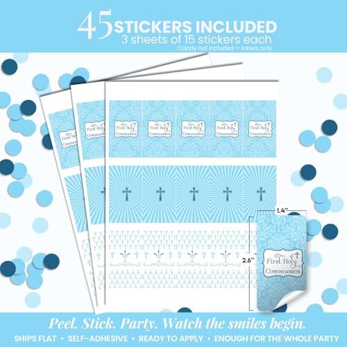 First Holy Communion Mini Chocolate Candy Bar Sticker Wrappers for Boys, 45 1.4" x 2.6" Wrap Around Labels by AmandaCreation, Great for Party Favors