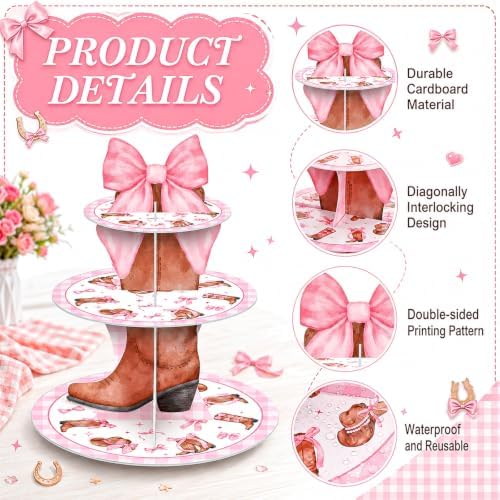 3 Tier Western Cowgirl Cupcake Stand Decoration Pink Bow Cupcake Tower Cowgirl Boots Hat Table Decoration Dessert Holder Table Display for Western Birthday Bachelorette Baby Shower Supplies