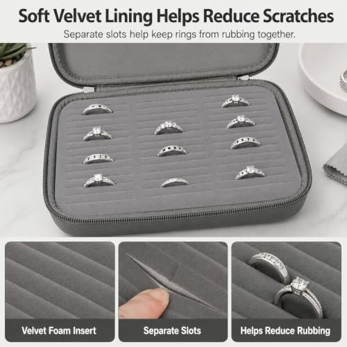 GWCASE Ring Organizer Box, 42-Slot Hard Shell Case, Holds 50+ Pieces, Gray