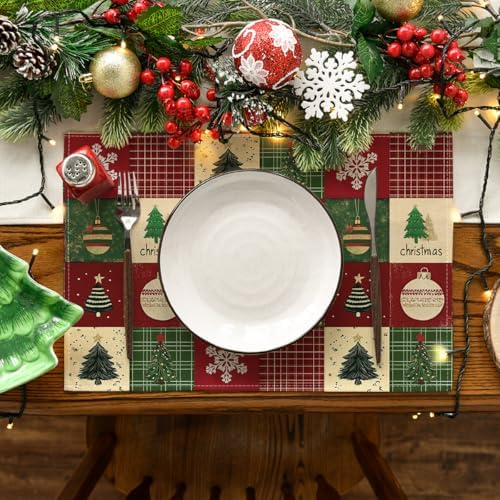 Artoid Mode Xmas Trees Christmas Balls Placemats Set of 6, 12x18 Inch Table Mats for Winter New Year Holiday Party Kitchen Dining Decoration