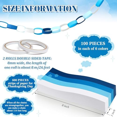 Lincia 600 Sheet Paper Chain Garland Strips, Blue Gradient