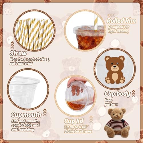 Whaline 50 Pcs Bear Disposable Plastic Cups with Lids and Straws 12 Oz Cute Brown Bear Cold Beverage Drinking Cups for Baby Shower Birthday Party Supplies