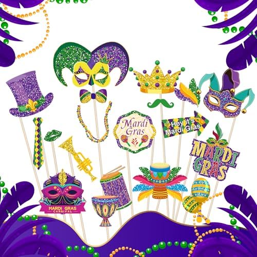 30Pcs Mardi Gras Photo Booth Props - Mardi Gras Party Favors & Decorations for Masquerade Fat Tuesday Carnival Wedding Photo Props for New Orleans Themed Parties, Bachelorette Parties