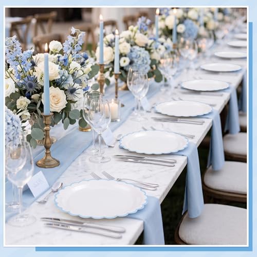 NatNarr 30 PK Light Blue Plates 7" Scalloped Blue White Dessert Cake Plates