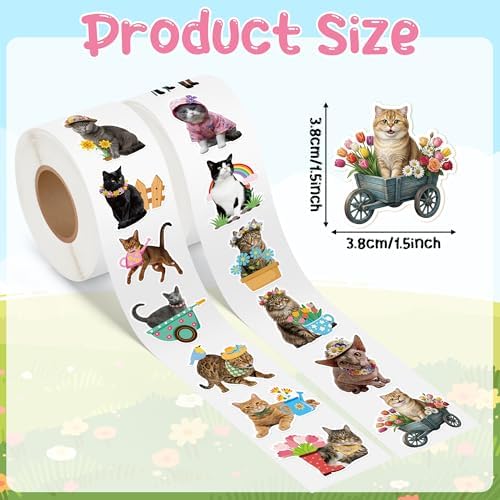 H1vojoxo Summer Cat Sticker Rolls - 1000PCS Summer Realistic Cat Stickers for Kids 16 Designs Cute Flowers Dress Up Cats Sticker for Craft Water Bottle Self-Adhesive Funny Cat Stickers for Envelope