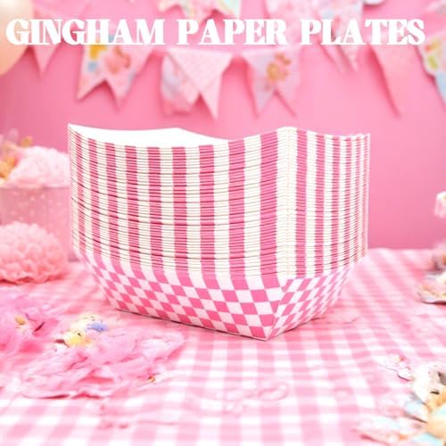 No Folding Required 50 Pcs 2lb Gingham Party Supplies Disposable Paper Food Trays for Shower Wedding Tea Party Supplies Nacho Snack (Coral Pink)