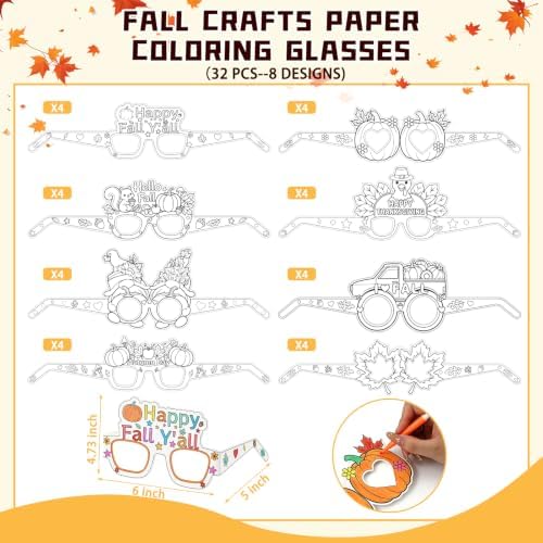 32Pcs Fall Thanksgiving Craft Bulk Coloring Glasses DIY Arts Kit for Kids