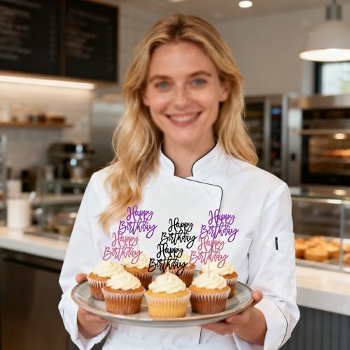 24 PCS Happy Birthday Cupcake Toppers Glitter Happy Birthday Cupcake Picks for Celebrating Anniversary Theme Party Cake Decorations Supplies Black Purple Pink
