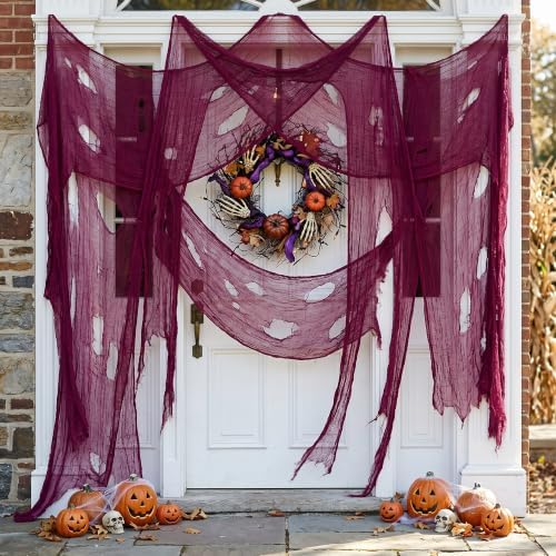 197"x71" Dark Red Creepy Cloth, Fine Mesh Halloween Cheesecloth Backdrop