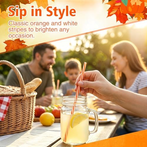 JANYUN 30 Pcs Reusable Orange and White Striped Straws with Cleaning Brush