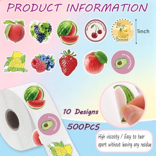 500PCS Fruit Stickers Rolls 8 Styles Summer Fruits Sticker 1in Self-Adhesive Waterproof Vinyl Stickers Decor for Back to School First Day of School Party Supplies Envelope Scrapbook Decorations
