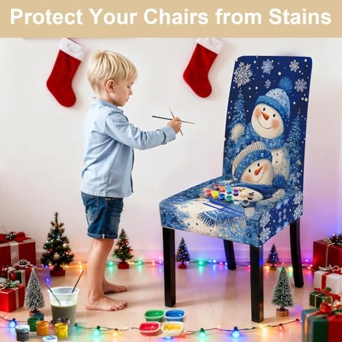 Snowman Chair Covers Set of 4, Stretchable Dining Chair Slipcovers with Snowflakes and Winter Trees for Christmas Holiday Decor