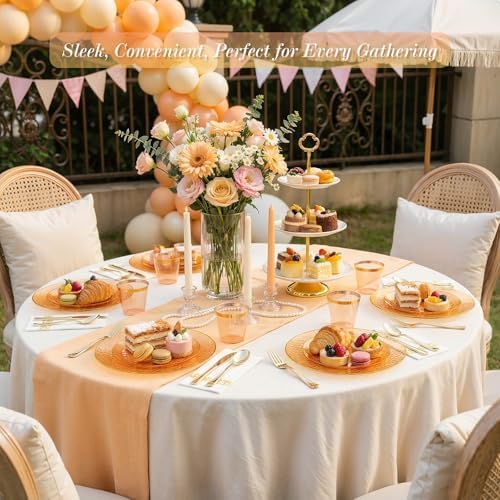 Rubtlamp 350 Pcs Plastic Dinnerware Set (50 Guests), Orange And Gold Plastic Plates, Hammered Party Plates Set Include Dinner Plates, Dessert Plates, Cups&Cutlery Set And Napkins for Wedding And Party