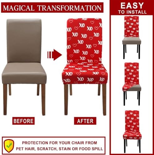 Valentine's Day Chair Covers for Dining Room Set of 6 Valentines Heart Dining Chair Slipcovers 6 Pcs Stretch Removable Washable Seat Protector 6 Pack for Valentine Home and Party Decor