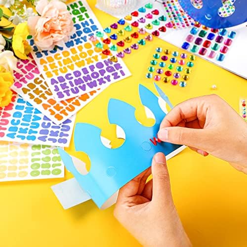 Chinco 76 Pieces Paper Crowns Princess Prince Hats Birthday Party Crowns Craft Jewels Gem Number Letter Sticker for DIY Classroom Decor