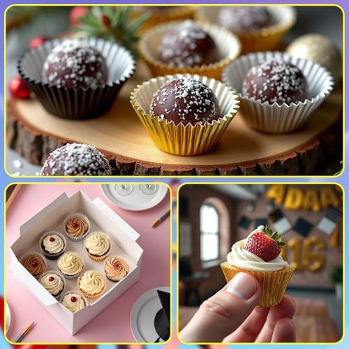 AUGSUN 400pcs Mini Foil Cupcake Liners Golden Silver Black