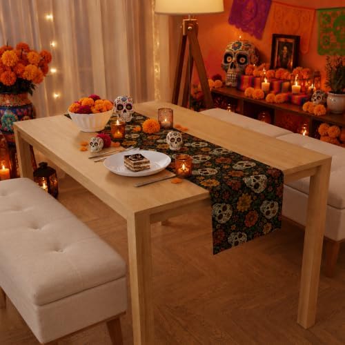 Dia De Los Muertos Decorations - Sugar Skull Marigold Table Runner