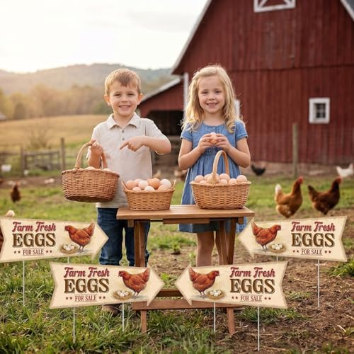Rngmsi 4PCS Farm Fresh Eggs for Sale Sign, Fresh Eggs Double Sided Sign with 8 Stakes, Waterproof Corrugated Plastic Mark for Yard Business Indoor Outdoor Supplies Home Decor 16 X 6 Inch