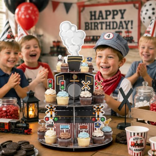 ANGOLIO Train Birthday Cupcake Stand - 3 Tiered Cardboard Dessert Towers