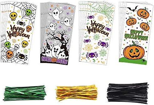 STEFORD Halloween Cellophane Bags,200PCS Clear Candy Cookie Treat Bags with 400 Piece Twist Ties for Halloween Party Favor Supplies