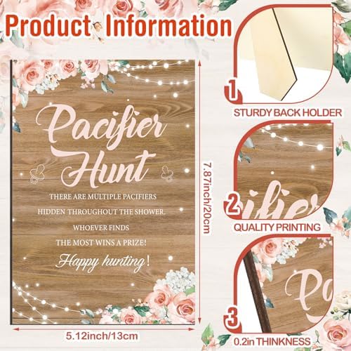 Thyle 51 Pcs Rustic Girl Baby Shower Game Floral Pacifier Hunt Sign and 50 Acrylic Pacifiers for a Sweet Little Girl Is on Her Way Baby Shower Decorations Floral Gender Reveal Pregnancy Party Supplies
