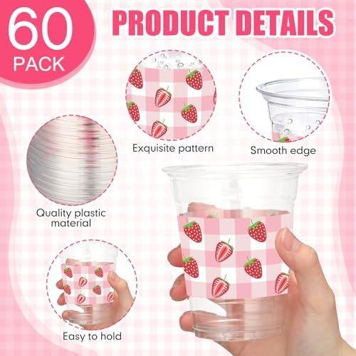 Funnymoom 60 Pack Strawberry Plastic Cups for Party Decorations, 12 oz