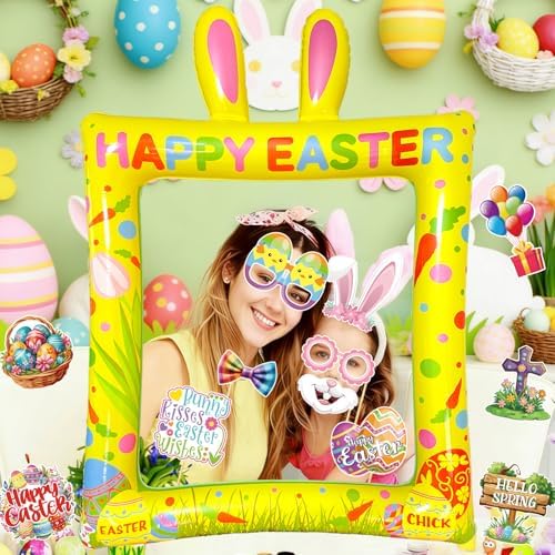 Happy Easter Inflatable Photo Frame & Props Set, 30Pcs Easter Photo Props with Giant Inflatable Picture Frame for Easterday Party Selfie Supplies